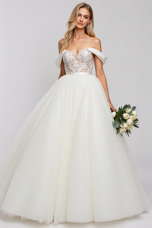 Robe de mariée longue blanche trapèze en tulle avec applications, épaules dénudées