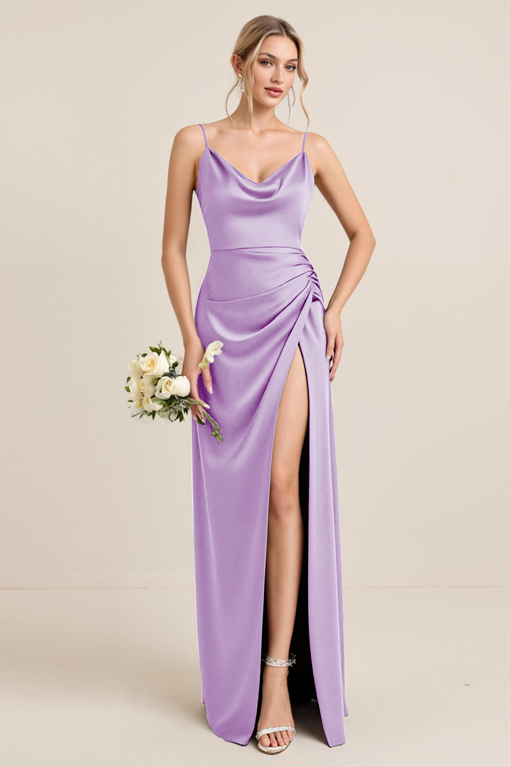 Olive Sheath Spaghetti Straps Satin Ruched Cowl Neck Long Bridesmaid Dress with Slit