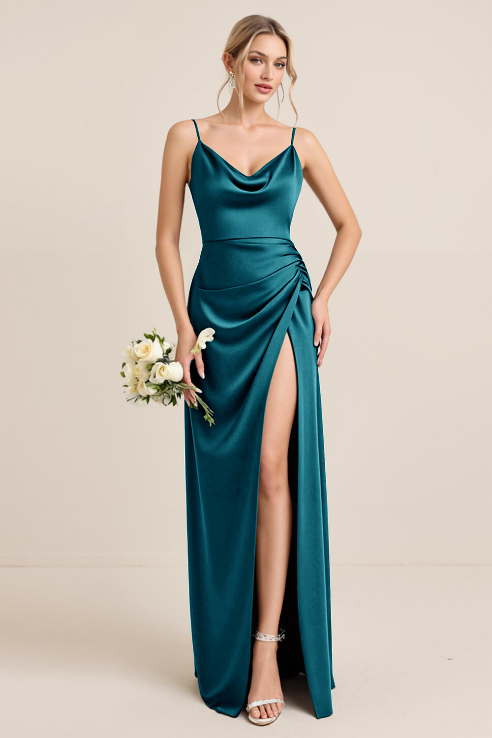 Olive Sheath Spaghetti Straps Satin Ruched Cowl Neck Long Bridesmaid Dress with Slit