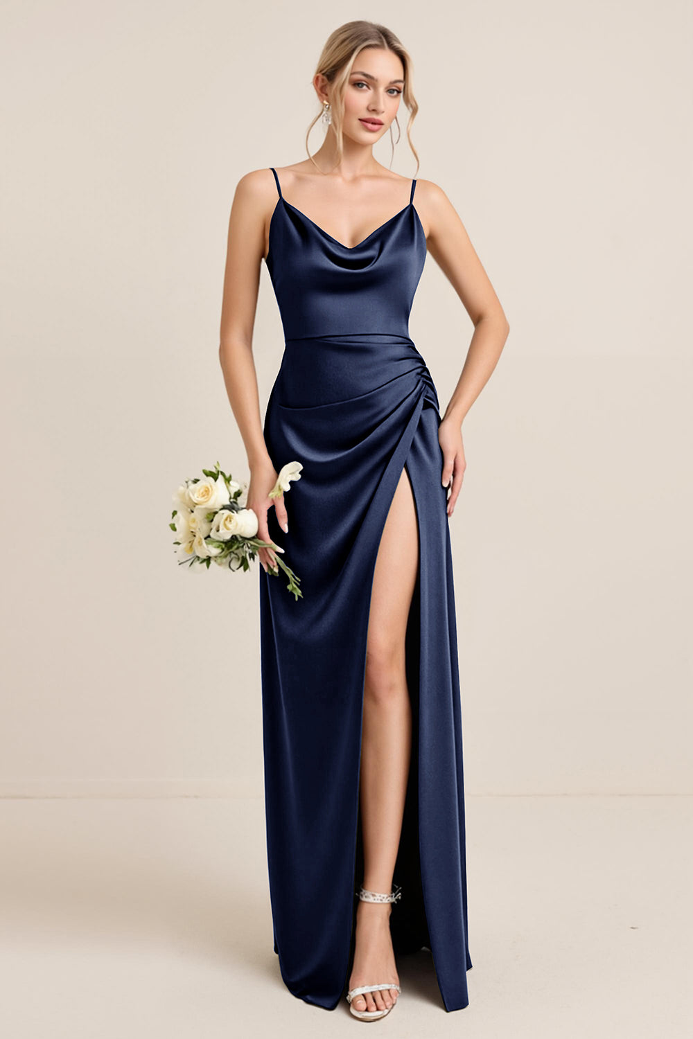 Olive Sheath Spaghetti Straps Satin Ruched Cowl Neck Long Bridesmaid Dress with Slit