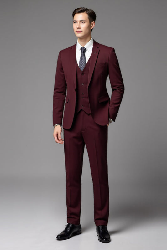 Costumes de cérémonie pour hommes bordeaux 3 pièces avec revers cranté et simple boutonnage