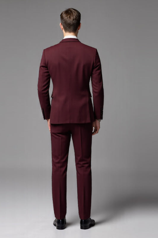 Costumes de cérémonie pour hommes bordeaux 3 pièces avec revers cranté et simple boutonnage