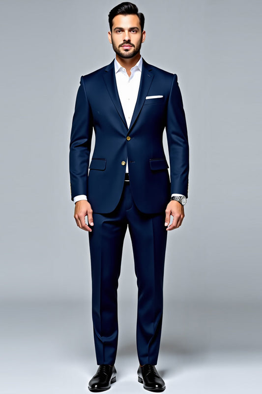 Costume Homme Cintrée Revers Bleu Foncé 2 Pièces