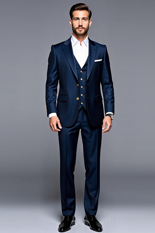Costume de soirée 3 pièces bleu foncé à revers crantés pour hommes