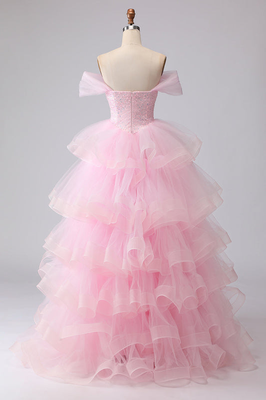 Pink Princess Off The Shoulder Tiered Ruffled Long Prom Dress with Sequins