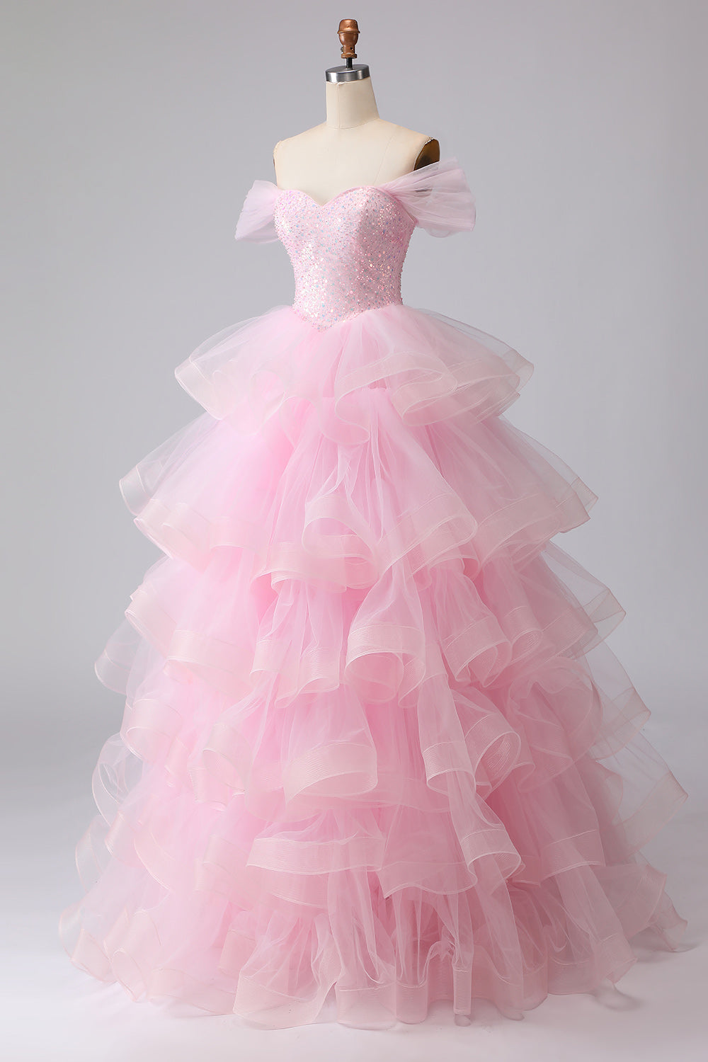 Pink Princess Off-The-Shoulder Tiered Ruffled Long Prom Dress with Sequins