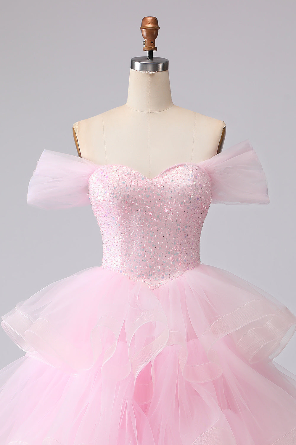 Pink Princess Off-The-Shoulder Tiered Ruffled Long Prom Dress with Sequins