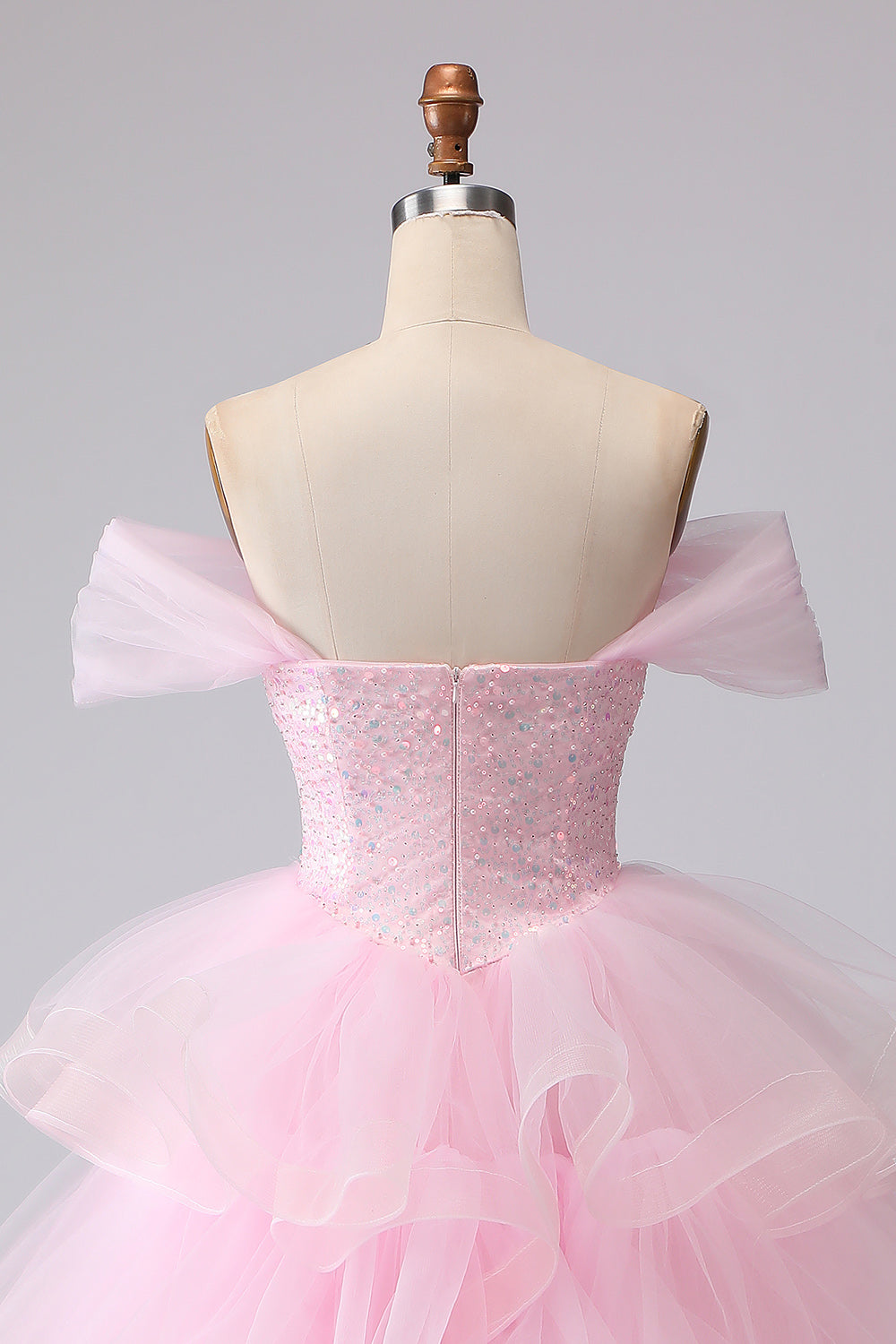 Pink Princess Off-The-Shoulder Tiered Ruffled Long Prom Dress with Sequins