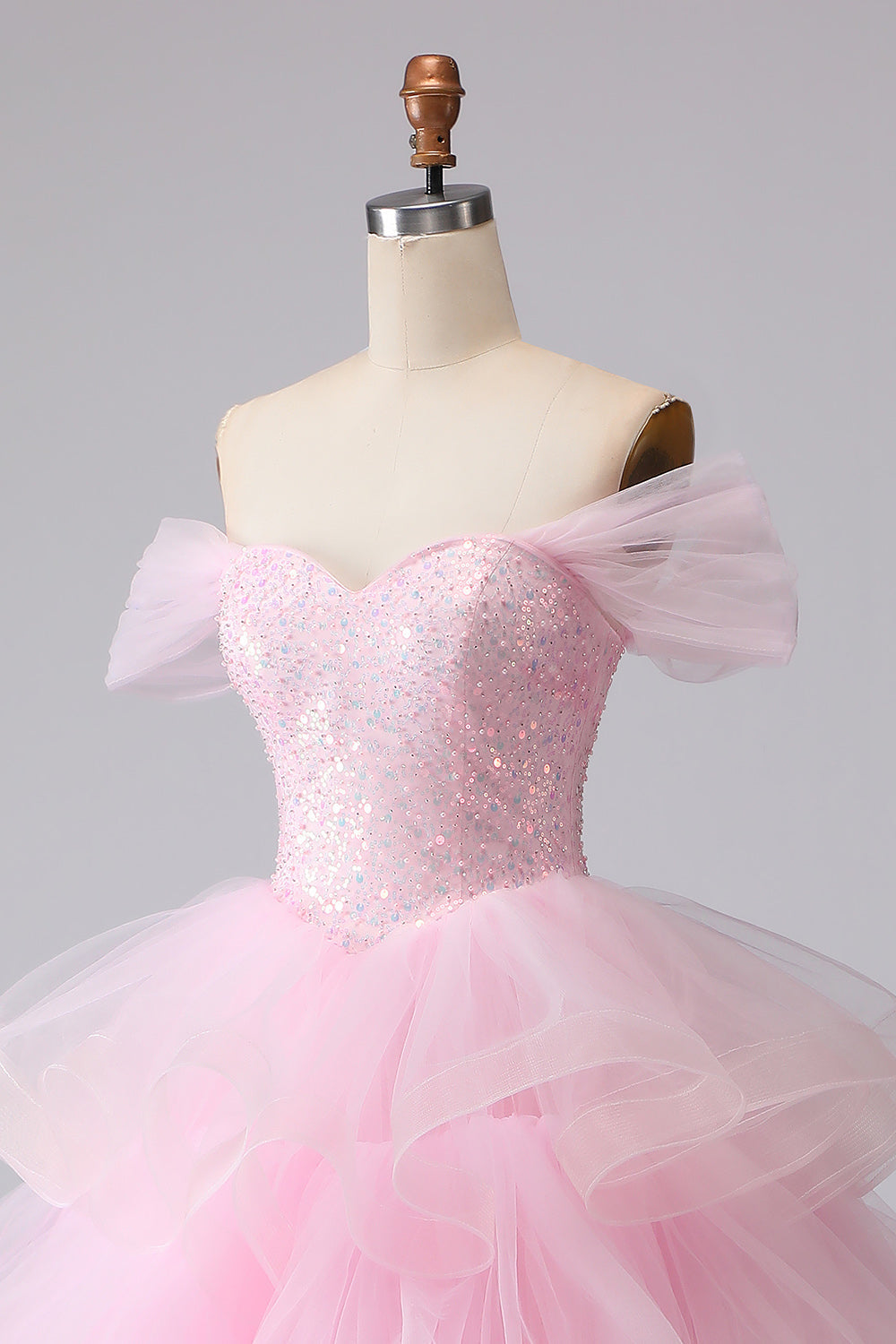 Pink Princess Off-The-Shoulder Tiered Ruffled Long Prom Dress with Sequins