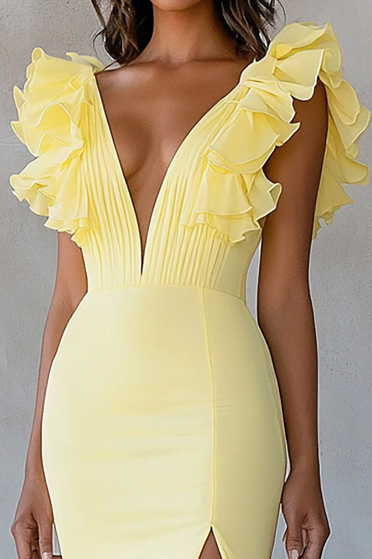 Robe de Soirée Fourreau Jaune avec Col en V, Volants et Fente