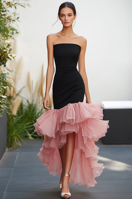 Robe de soirée sirène asymétrique volantée bustier noir et rose