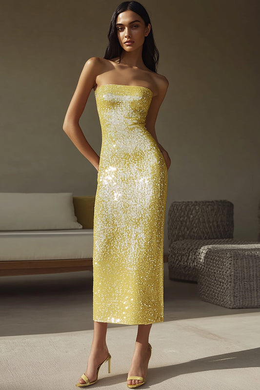 Robe de soirée longue, fourreau, sans bretelles, jaune pailleté, à sequins