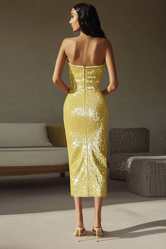 Robe de soirée longue, fourreau, sans bretelles, jaune pailleté, à sequins