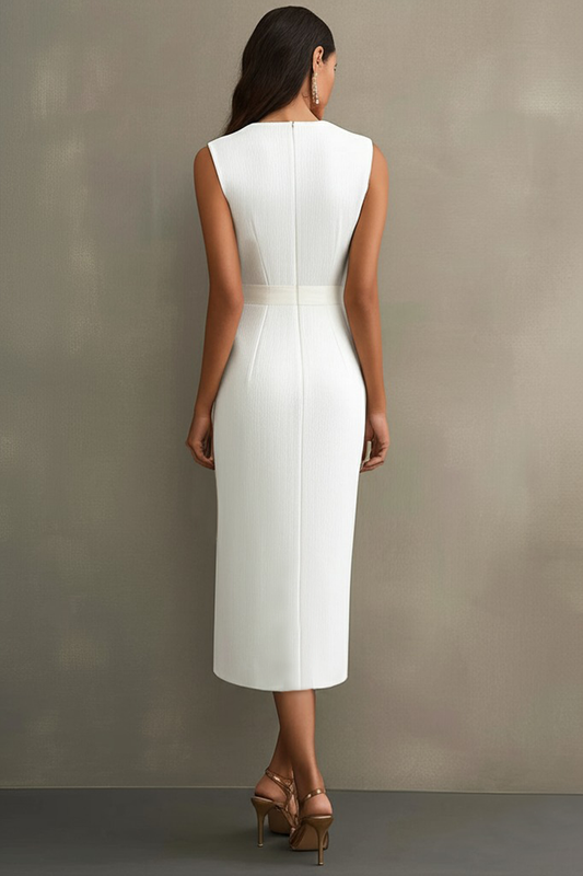 Robe fourreau midi blanche en satin à col en V avec fente, style habillé