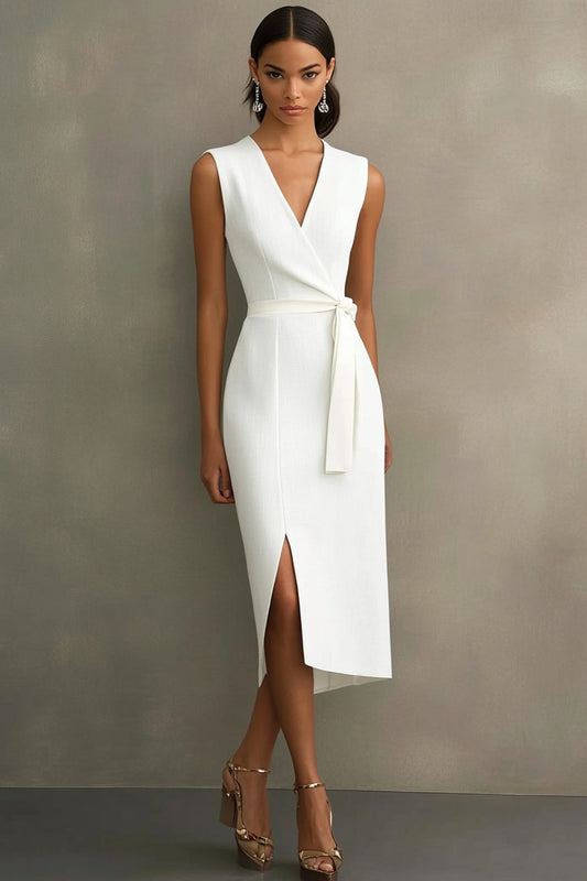 Robe fourreau midi blanche en satin à col en V avec fente, style habillé