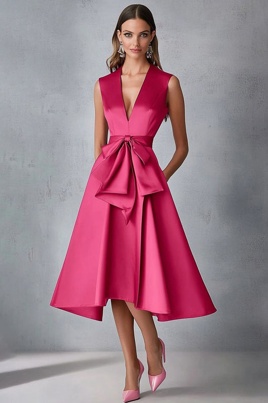 Robe fuchsia en satin en V trapèze pour invitée de mariage