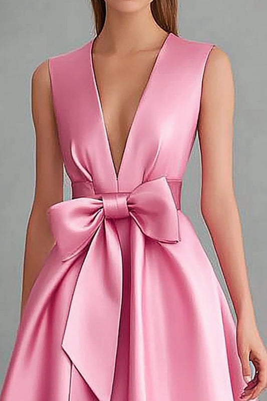 Robe de soirée mi-longue en satin rose col V avec nœud