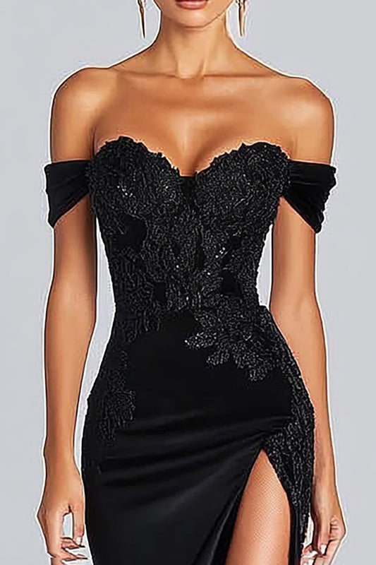 Black Off The Shoulder Satin Mermaid Gala Dress with Slit