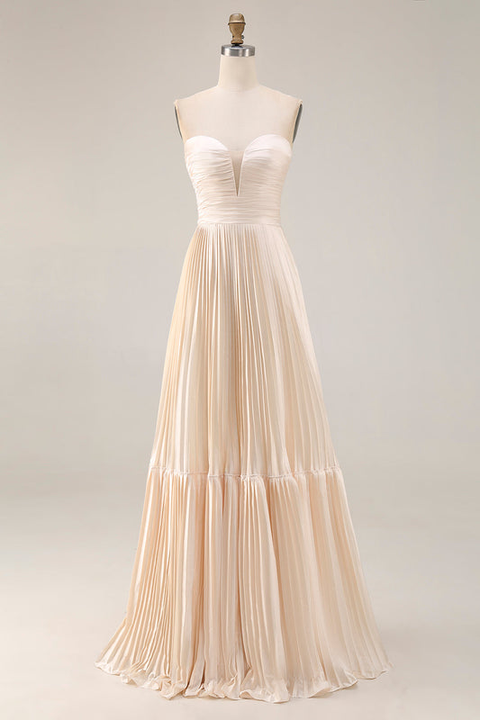Robe longue de soirée plissée, ligne A, bustier champagne