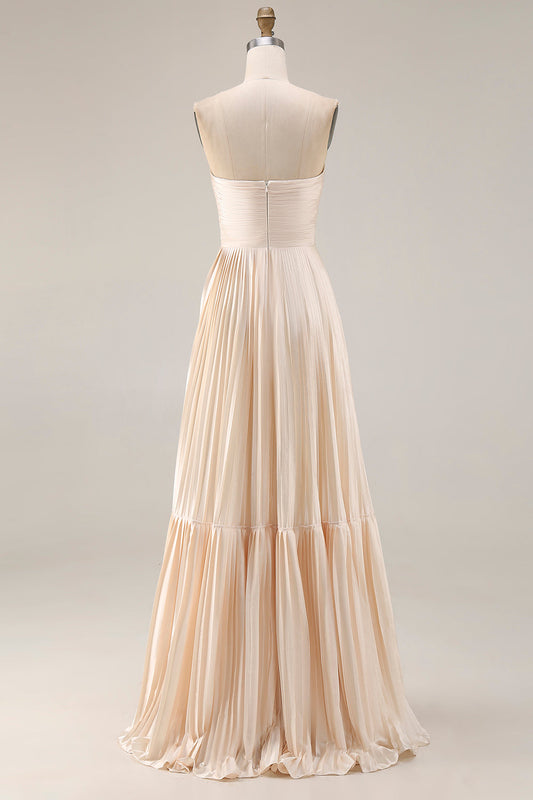 Robe longue de soirée plissée, ligne A, bustier champagne