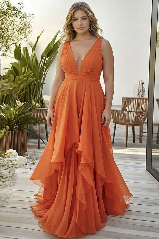 Robe longue orange coupe trapèze en organza avec décolleté en V à volants, pour invitée de mariage, grande taille