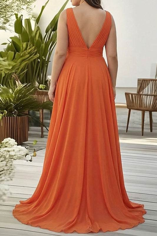 Robe longue orange coupe trapèze en organza avec décolleté en V à volants, pour invitée de mariage, grande taille