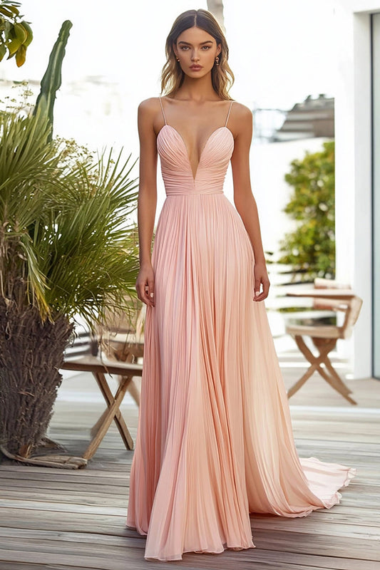 Robe de soirée longue plissée rose coupe trapèze