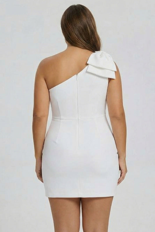 One Shoulder Bow White Bodycon Plus Size Graduation Dress
