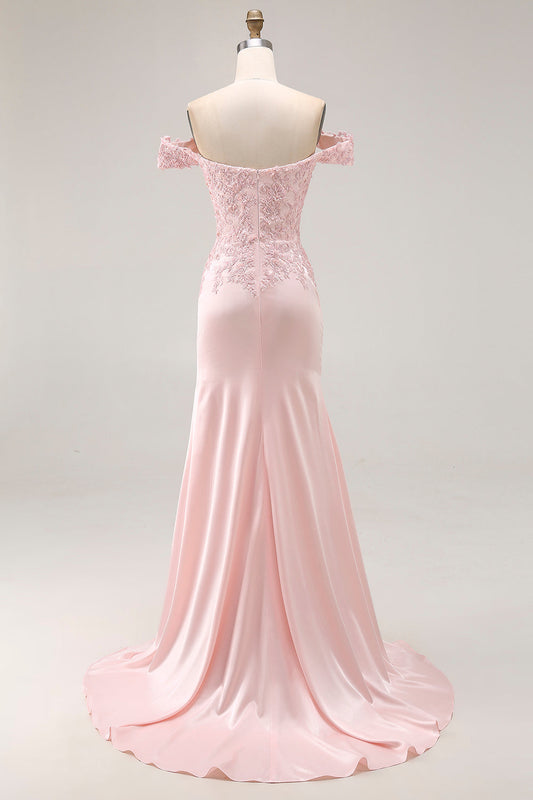 Pink Mermaid Off the Shoulder Long Formal Dress with Appliques