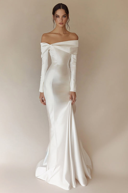 Robe de mariée sirène blanche épaules dénudées à manches longues