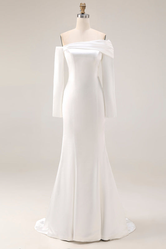 Robe de mariée sirène blanche à épaules dénudées avec manches longues