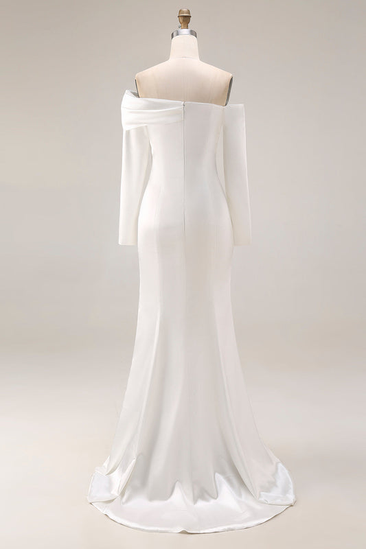 Robe de mariée sirène blanche à épaules dénudées avec manches longues