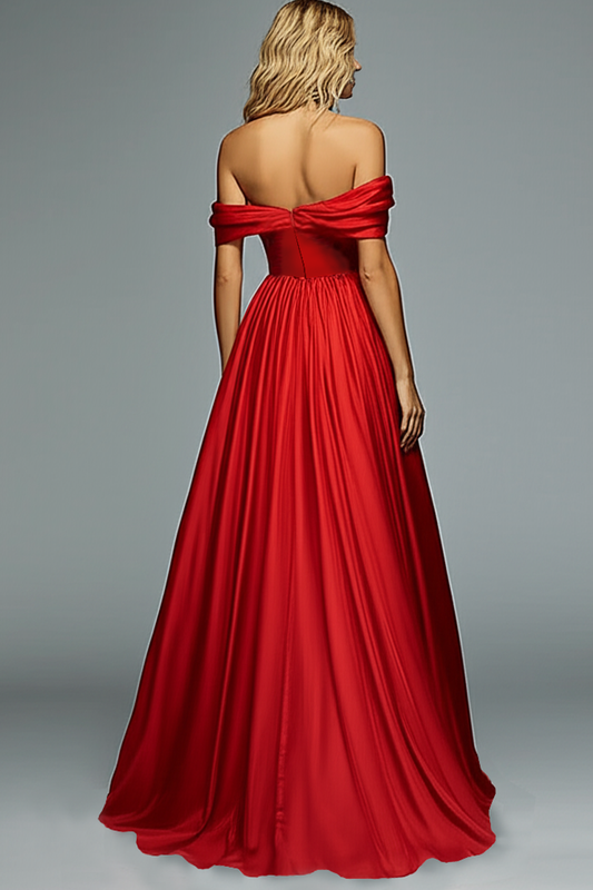 Robe de bal plissée trapèze rouge à épaules dénudées