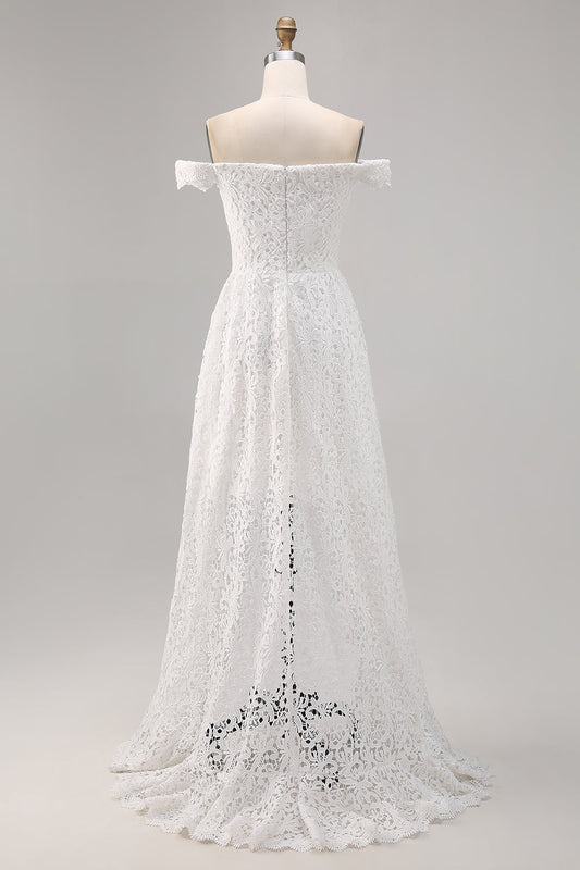Robe de mariée bohème asymétrique courte devant longue derrière en dentelle blanche à épaules dénudées