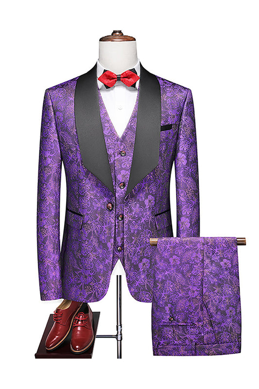 Costume de bal pour homme 3 pièces imprimé, col châle, un bouton, violet