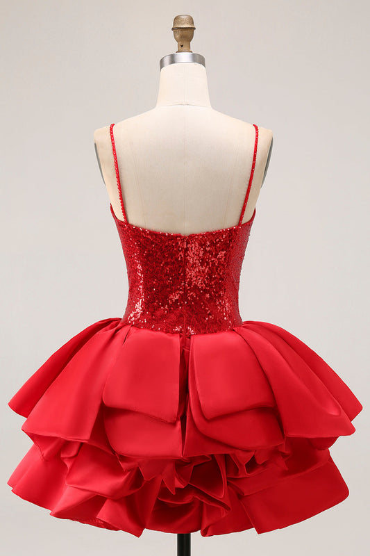 Robe de cocktail évasée à volants rouges scintillante