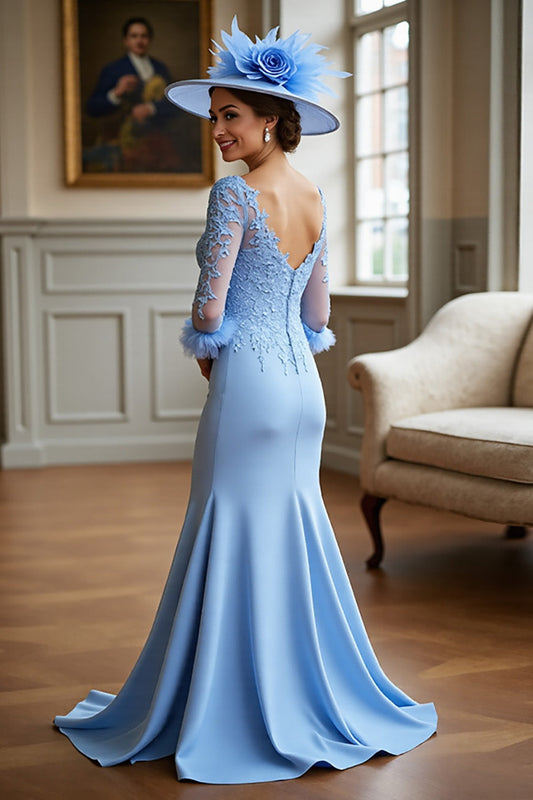 Robe Mère de la Mariée Sirène Bleu Ciel avec Appliques