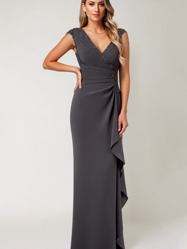 Robe longue sirène en mousseline de soie gris acier avec volants pour la mère de la mariée