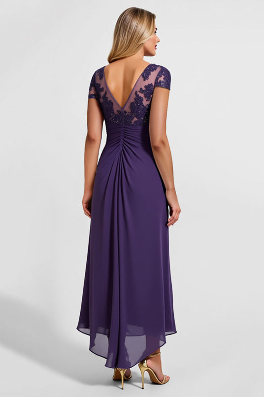 Robe longue en mousseline de soie violette scintillante avec dentelle pour la mère de la mariée