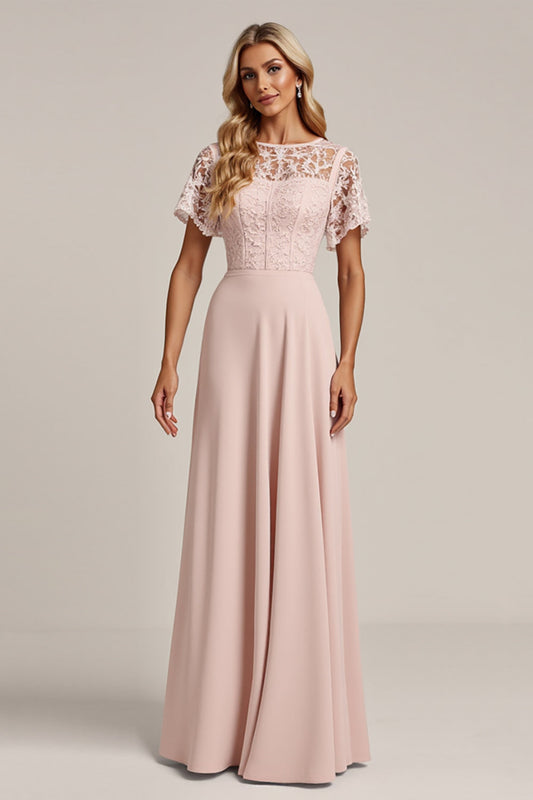 Pink Lace Chiffon A-Line Bridesmaid Dress