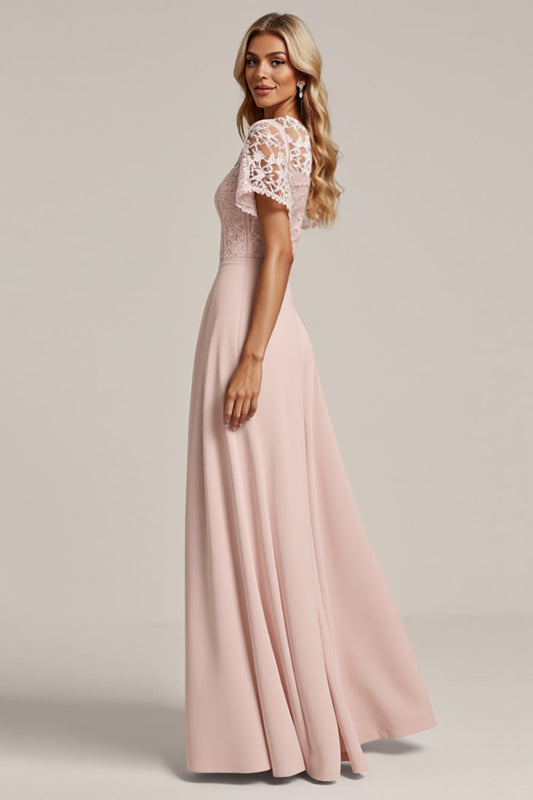 Pink Lace Chiffon A-Line Bridesmaid Dress