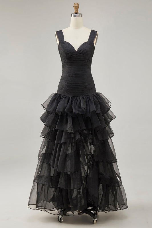 Robe de soirée asymétrique noire en organza à volants