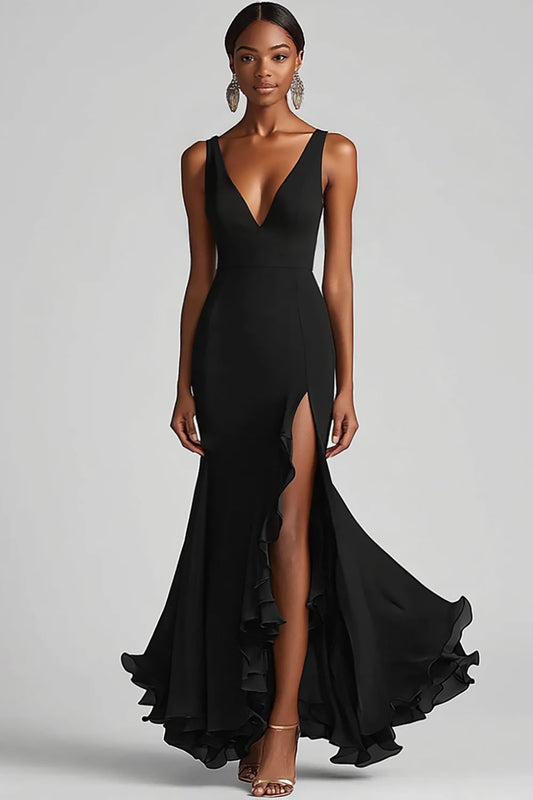 Robe de soirée sirène noire à col en V, volants et fente