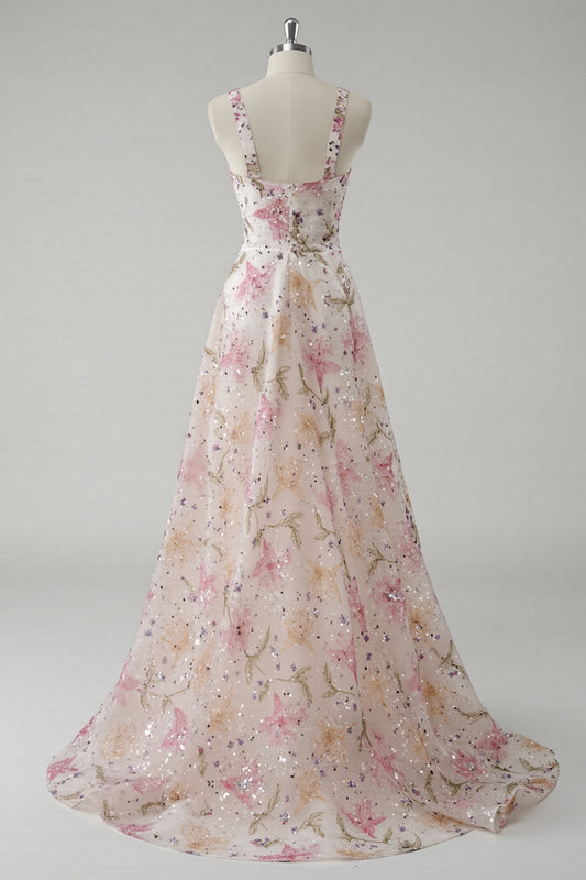Vestido de Fiesta con Escote en V, Floral, Rosa Brillante
