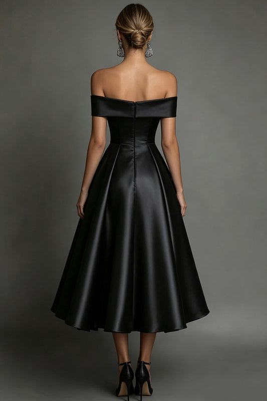 Robe de Soirée Longue Simple Trapèze en Satin Noir