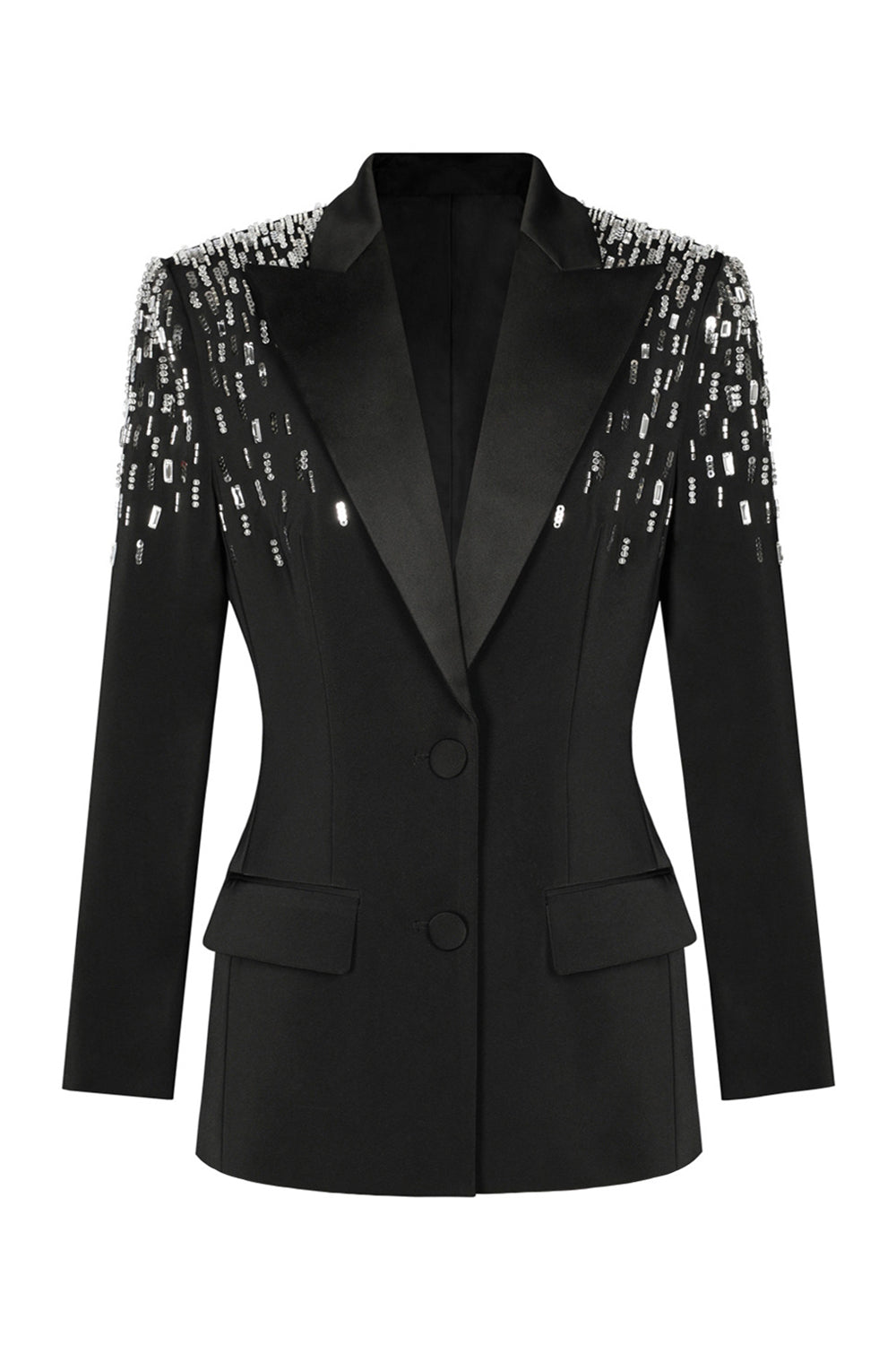 Blazer de bal pour femme, simple boutonnage, revers cranté blanc, avec sequins