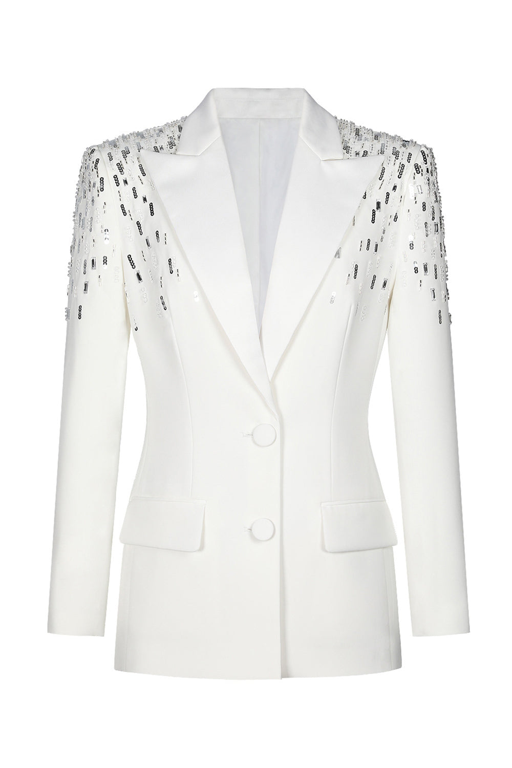 Blazer de bal pour femme, simple boutonnage, revers cranté blanc, avec sequins