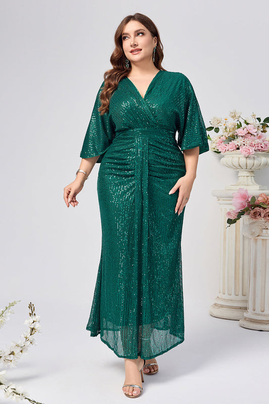 Robe de chorale longue fourreau verte foncée scintillante froncée à sequins