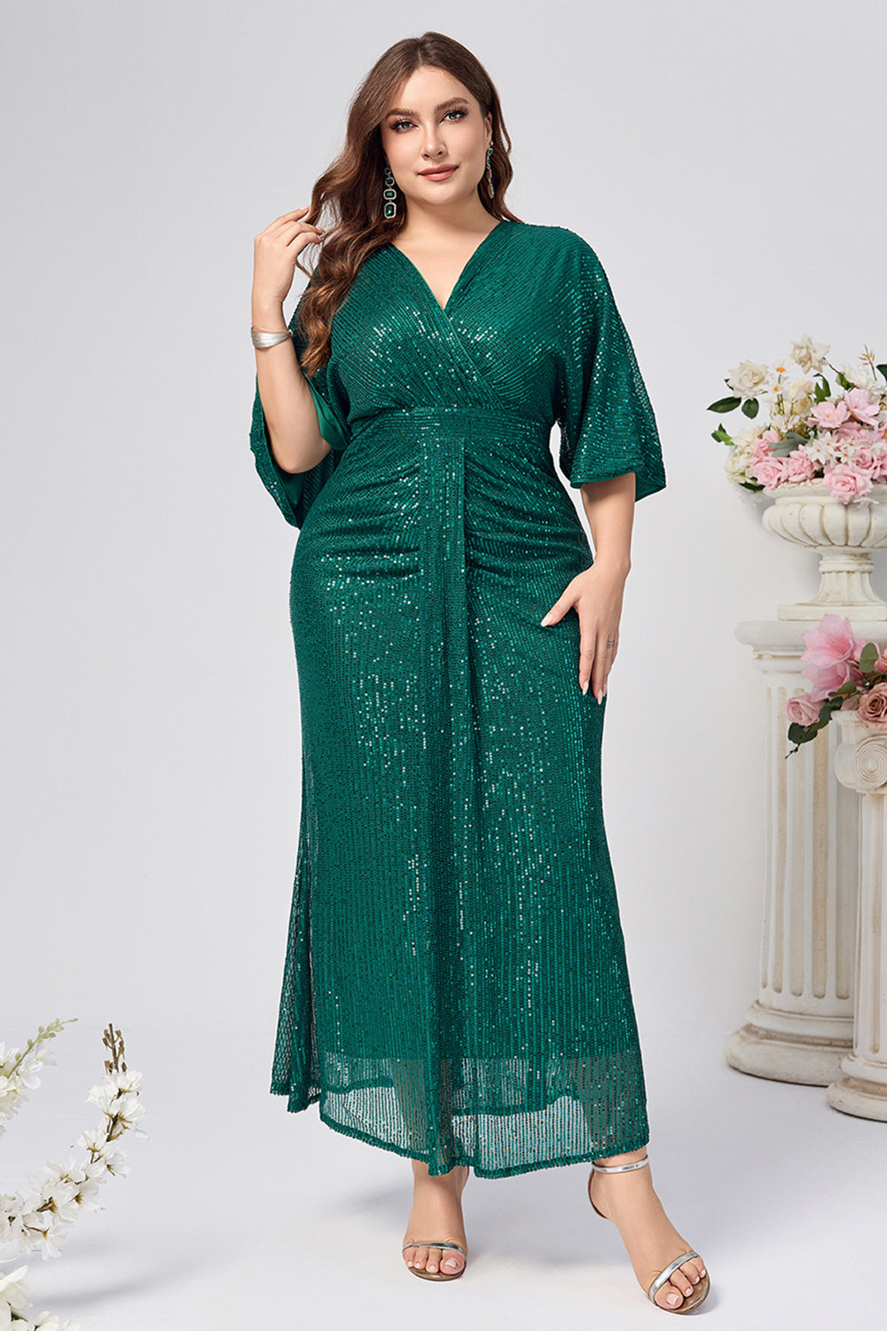 Sparkly Dark Green Sheath Ruched Long Choir Dress with Sequins