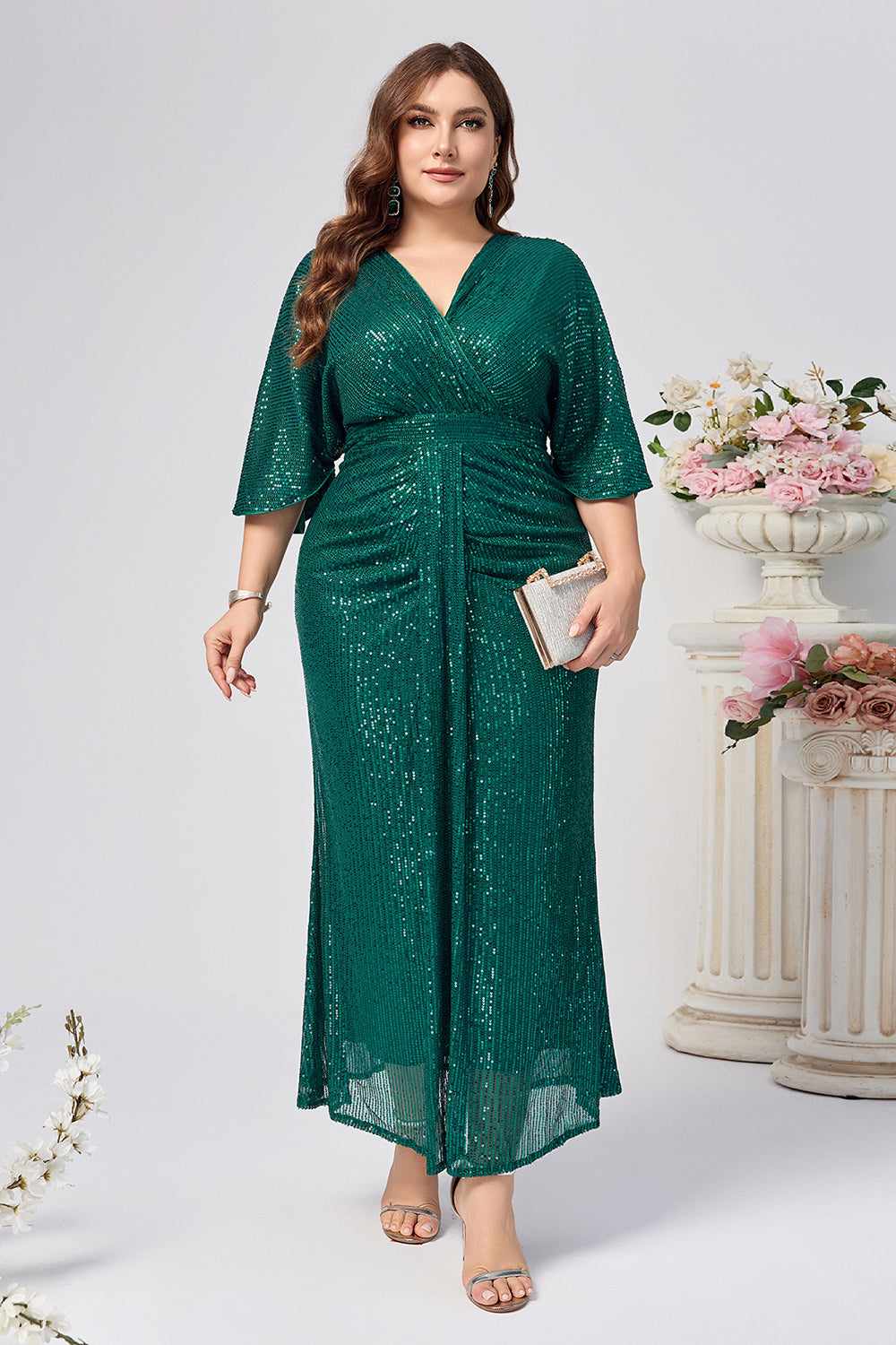 Sparkly Dark Green Sheath Ruched Long Choir Dress with Sequins